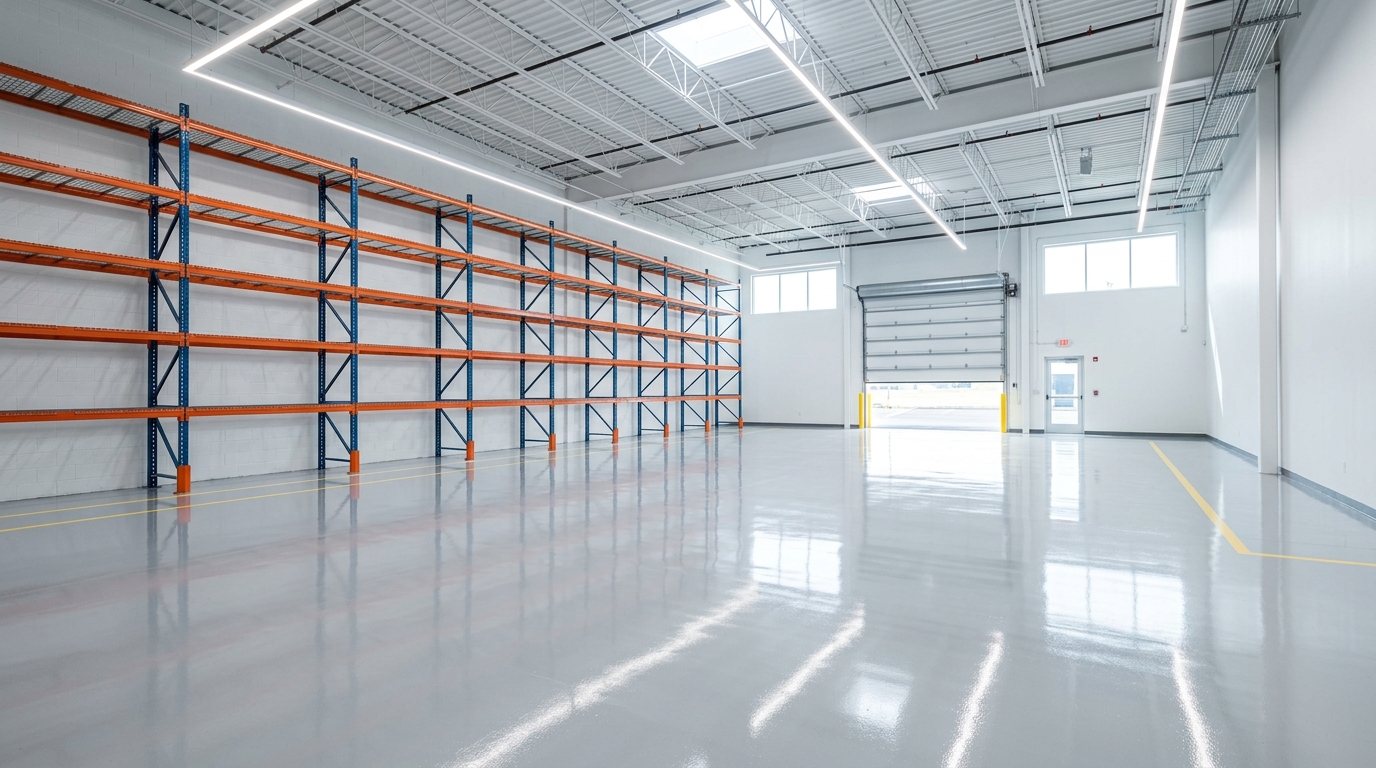 Polished epoxy-coated concrete warehouse floor installed for a light-commercial space in the Inland Empire
